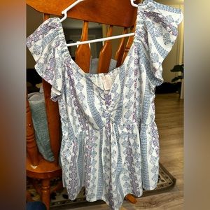 short sleeved blouse, beautiful blue and pink design